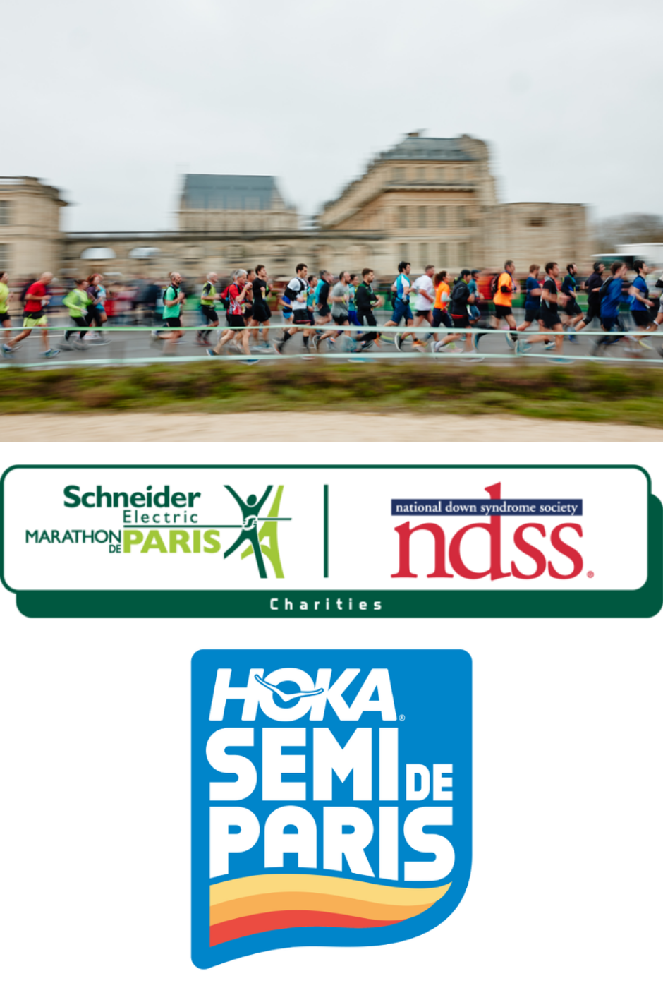 Image of runners racing through Paris. Schneider Electric Paris logo. NDSS logo. Hoka Semi De Paris logo.