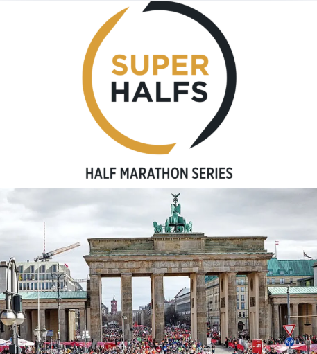Super Halfs. Half Marathon Series logo. Image of runners in front of a historical building in Berlin.