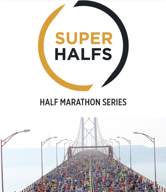Super Halfs. Half Marathon Series logo. Image of a bridge filled with half marathon runners.