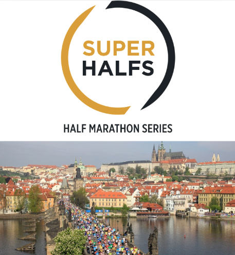 Super Halfs. Half Marathon Series logo. Image of many racers running through Prague.