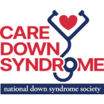 CARE Down Syndrome logo. National Down Syndrome Society. Stethoscope with a heart. 