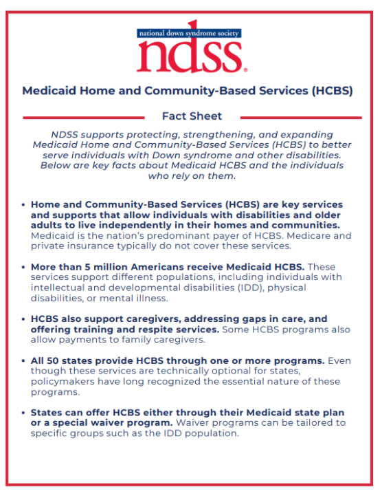 NDSS logo. Medicaid Home and Community Based Services (HCBS). Click to access the full PDF.