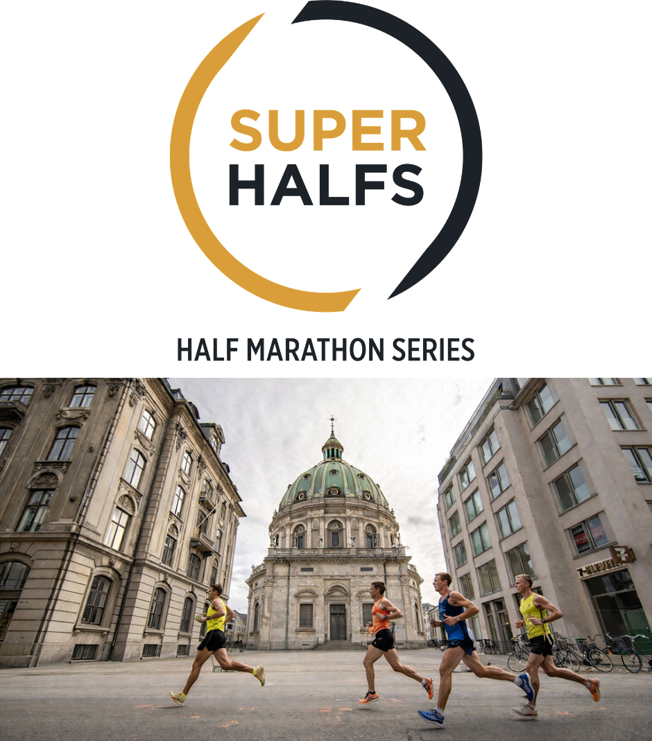 Super Halfs. Half Marathon Series logo. Image of runners in Copenhagen, Denmark.