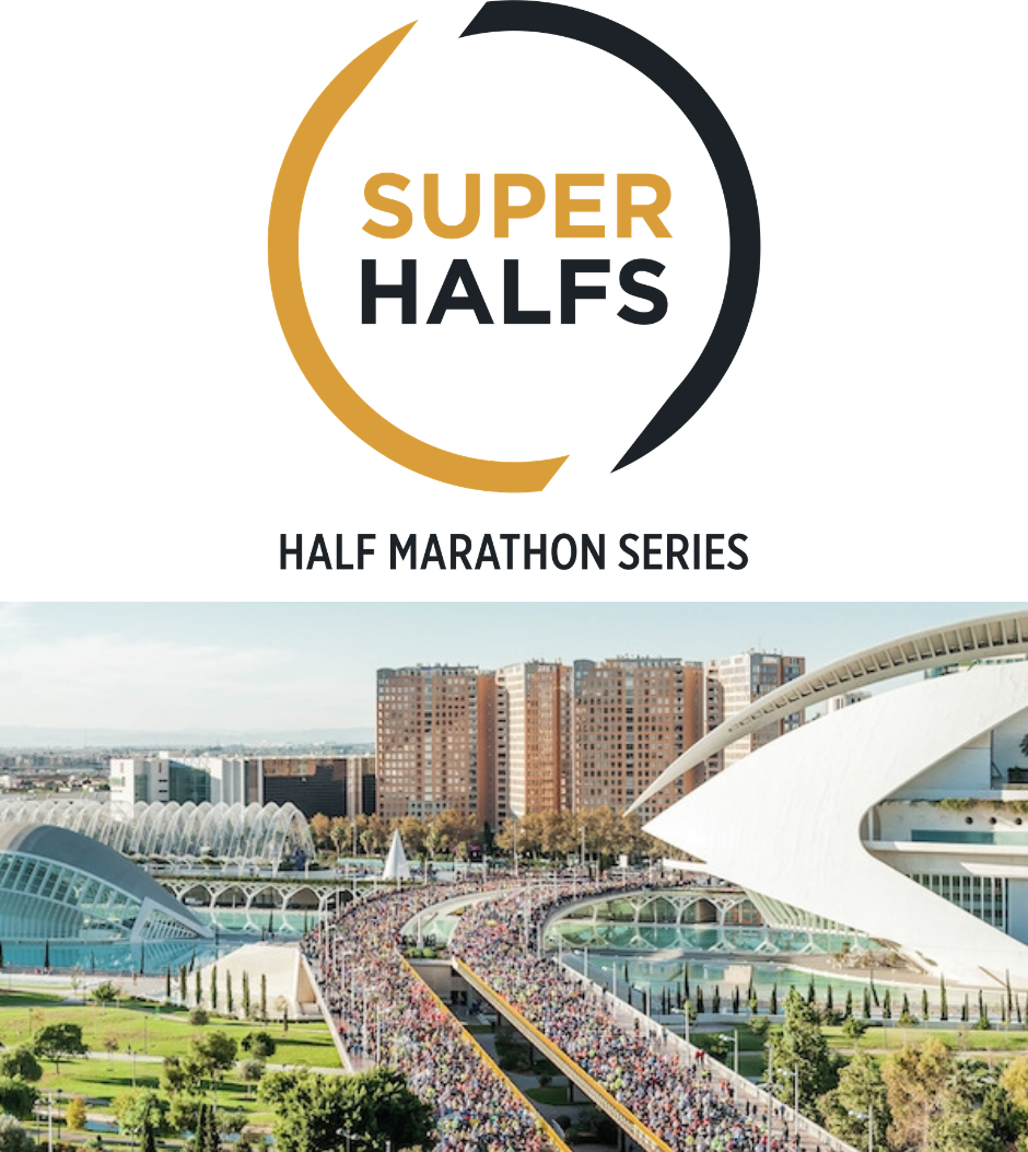 Super Halfs. Half Marathon Series logo. Image of two bridges filled with runners in Valencia, Spain.
