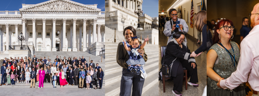 Four-panel photo collage from Hill Day at the 2026 Down Syndrome Advocacy Conference. Panel 1: A large group women, men, and children in professional attire, including several wearing bright pink and red outfits, pose together on the steps of the U.S. Capitol building. Many people in the group have Down syndrome. Panel 2: A woman in a striped top and jeans holds up a young child with Down syndrome wearing a white outfit with a blue bow, making a peace sign, with the Capitol building in the background. Panel