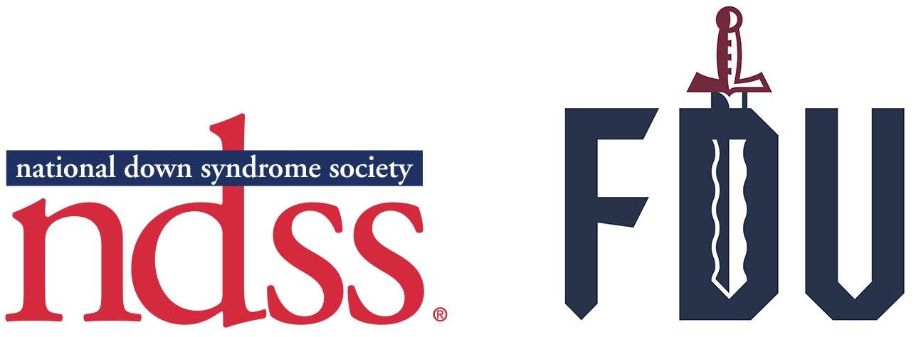 National Down Syndrome Society (NDSS) red and navy logo. FDU logo with a sword going through the D.