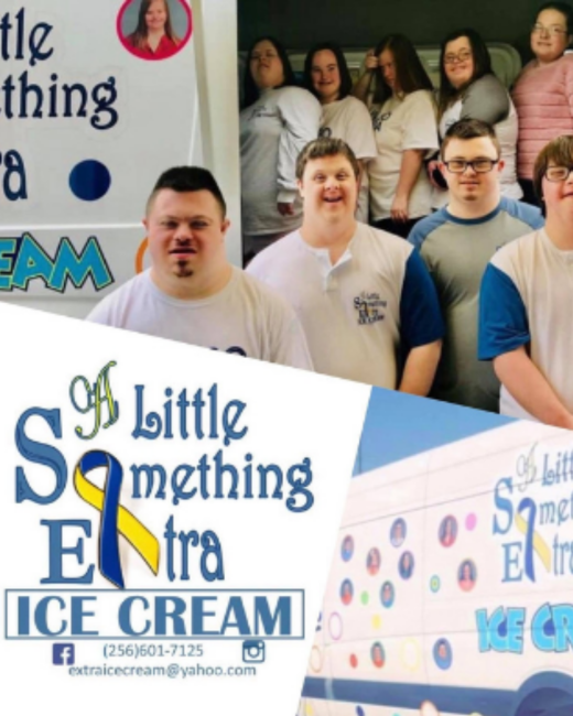 Collage of three images for A Little Something Extra Ice Cream. At top, a group of smiling men and women with Down syndrome, most in white or white-and-blue shirts, pose in front of an ice cream truck. At bottom left is the logo: “A Little Something Extra” in blue letters, with a yellow and blue awareness ribbon forming the “o” in “Something” and the “x” in “Extra,” above a boxed “Ice cream,” with a Facebook icon, the phone number (256) 601-7125, an Instagram icon, and the email extraicecream@yahoo.com.