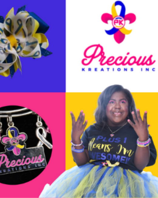 Collage of four squares. At top left, on purple, is a hair bow in blue, yellow, and white with awareness ribbons. At top right, on white, is the logo: a fleur-de-lis shape in pink, blue, and yellow with a ribbon curve and a circle reading “PK,” above “Precious” in pink script and “Kreations Inc” in blue. At bottom left, on pink, is a silver charm bracelet with a charm of the same logo and a silver awareness ribbon. At bottom right, on yellow, a young woman with Down syndrome and wavy hair